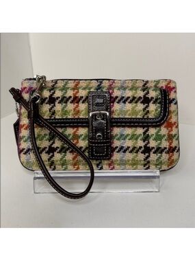 Coach Hampton TattersaMulticolor Tweed Houndstooth Wristlet with Dark Brown Trim